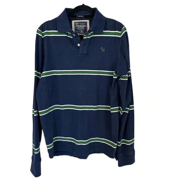 Abercrombie & Fitch Men's Long Sleeve Muscle Striped Polo Cotton Shirt Sz L GUC - Picture 1 of 7